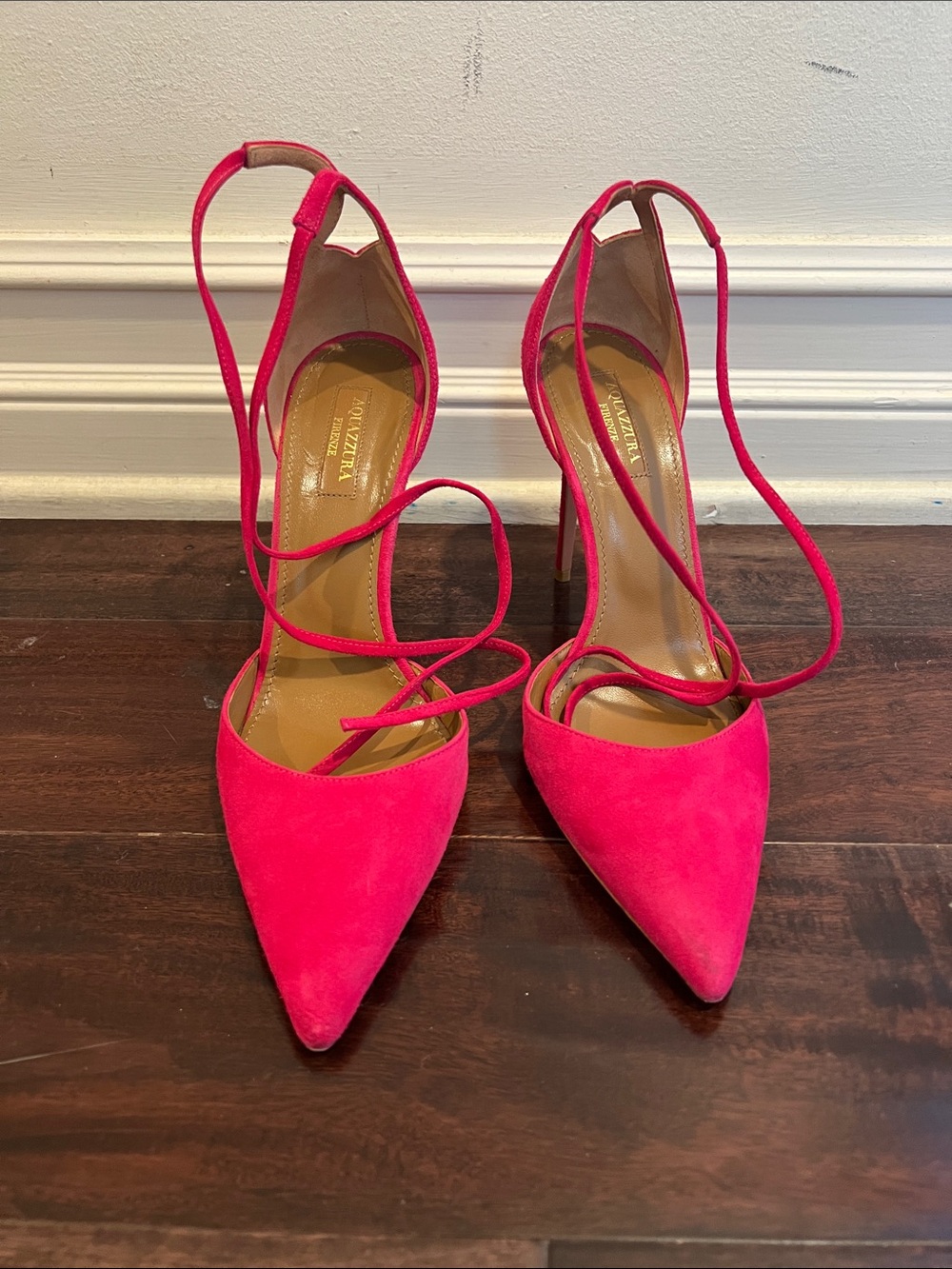 Aquazzura Hot Pink Suede Pointed Lace-Up Stilettos